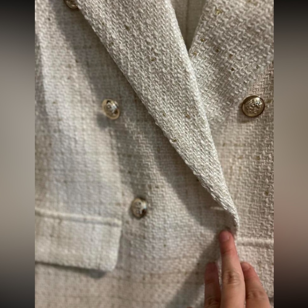 Classic Plaid Tweed Double Breasted White Blazer Jacket Long Sleeve - Picture 9 of 16
